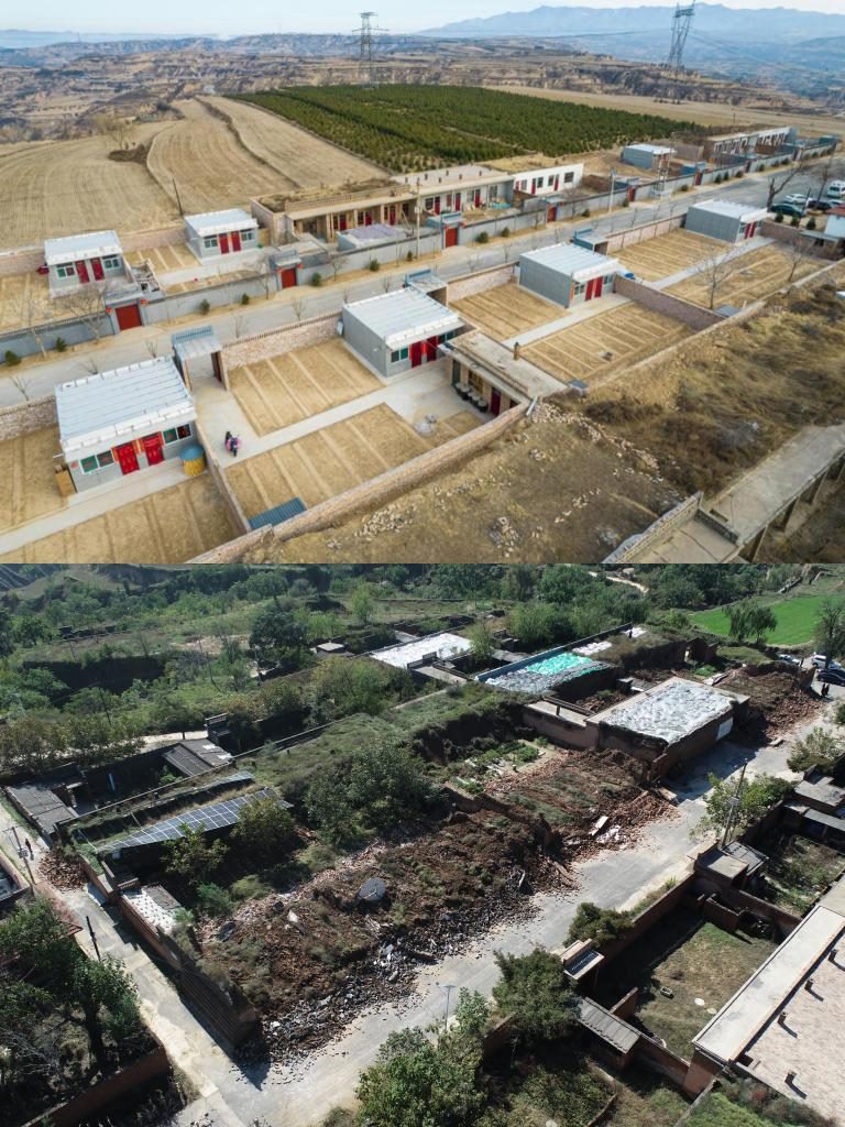 拼版照片，上圖是2022年1月山西省霍州市師莊鄉(xiāng)馮南垣村災(zāi)后恢復(fù)重建后的場景，下圖是2021年10月村莊因?yàn)?zāi)受損的場景。(霍州市委宣傳部供圖)