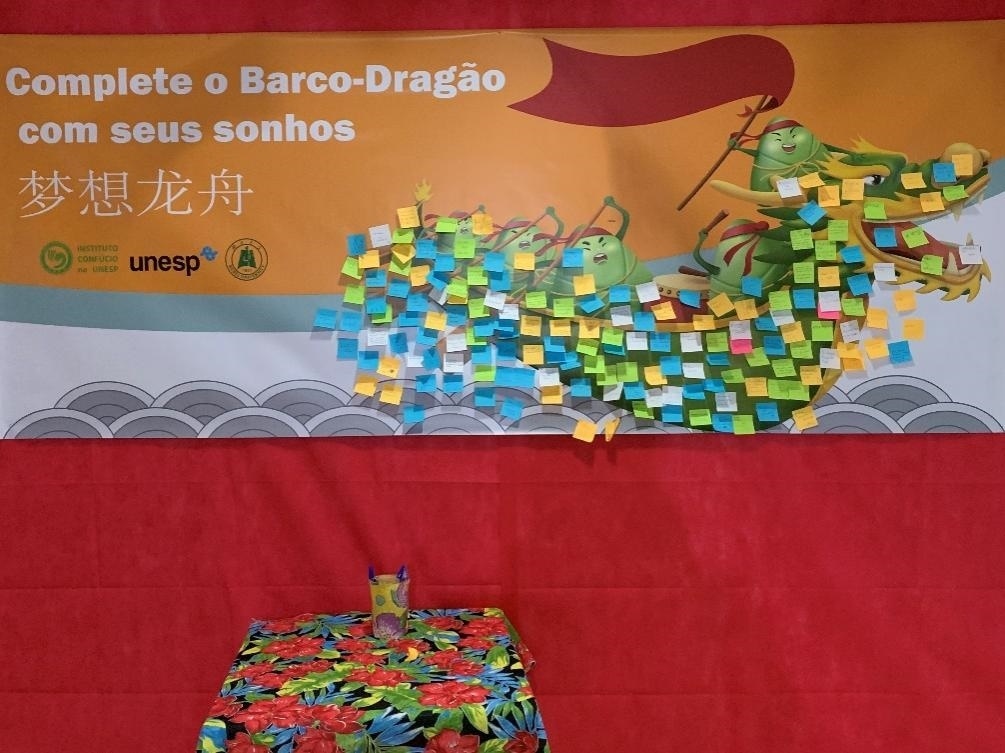 活動現(xiàn)場設(shè)置了“夢想龍舟”環(huán)節(jié)，大家將自己寫下的心愿貼在“龍舟”上，期盼“龍舟”承載自己的夢想駛向更美好的未來。（圣保羅州立大學(xué)孔子學(xué)院供圖）