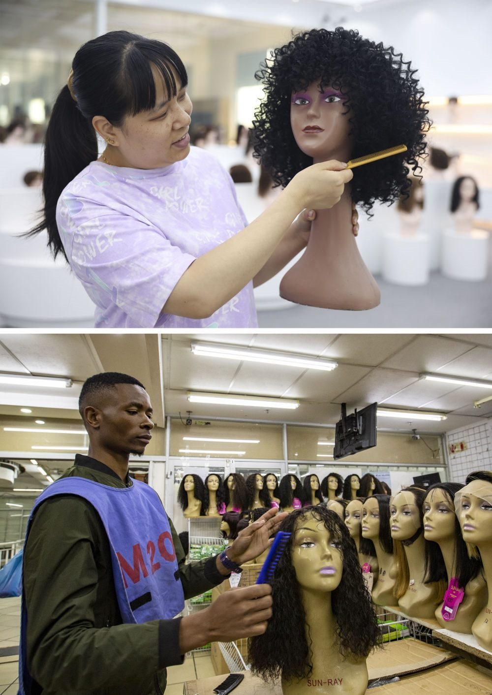 拼版照片：上圖為2023年5月25日，工人在湖南邵陽陽光發(fā)品有限公司展廳展示假發(fā)（新華社記者薛宇舸攝）；下圖為2023年6月9日，一名店員在湖南邵陽陽光發(fā)品有限公司位于南非約翰內斯堡的店鋪內展示假發(fā)（新華社記者張譽東攝）。新華社發(fā)