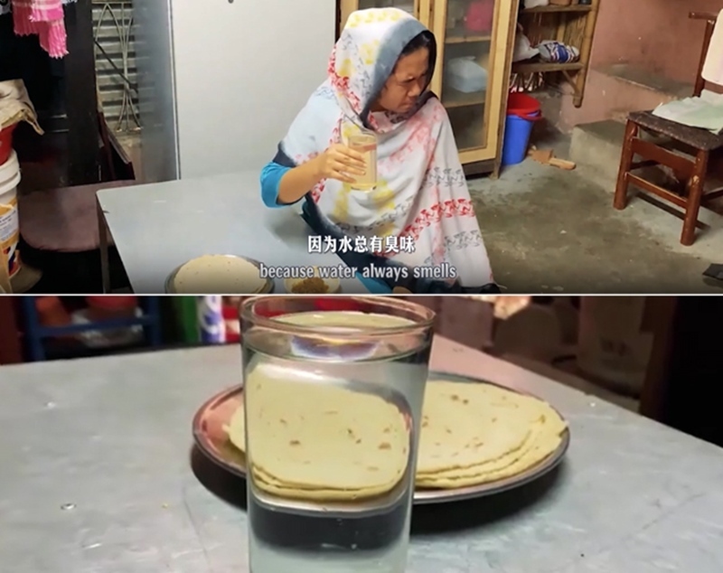 圖為紀(jì)實(shí)短片截圖：上圖為水質(zhì)未改善前，飲用水發(fā)黃渾濁；下圖為水廠建成后，飲用水水質(zhì)明顯改善，清澈透明。