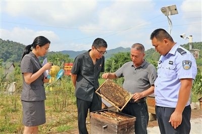  圖②：蒙山法院黃村法庭法官深入蜂蜜合作社，實(shí)地了解蜂農(nóng)需求。