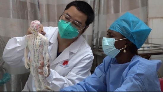 嘉興市中醫(yī)醫(yī)院郝亞波給當(dāng)?shù)刂种v解中醫(yī)經(jīng)絡(luò)。新華社發(fā)