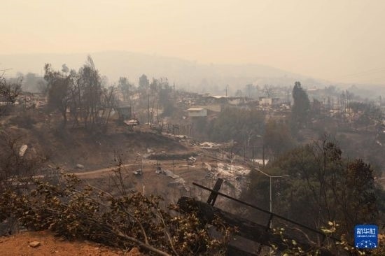 這是2月3日在智利瓦爾帕萊索大區(qū)比尼亞德爾馬市拍攝的在森林火災(zāi)中燒毀的房屋。新華社發(fā)