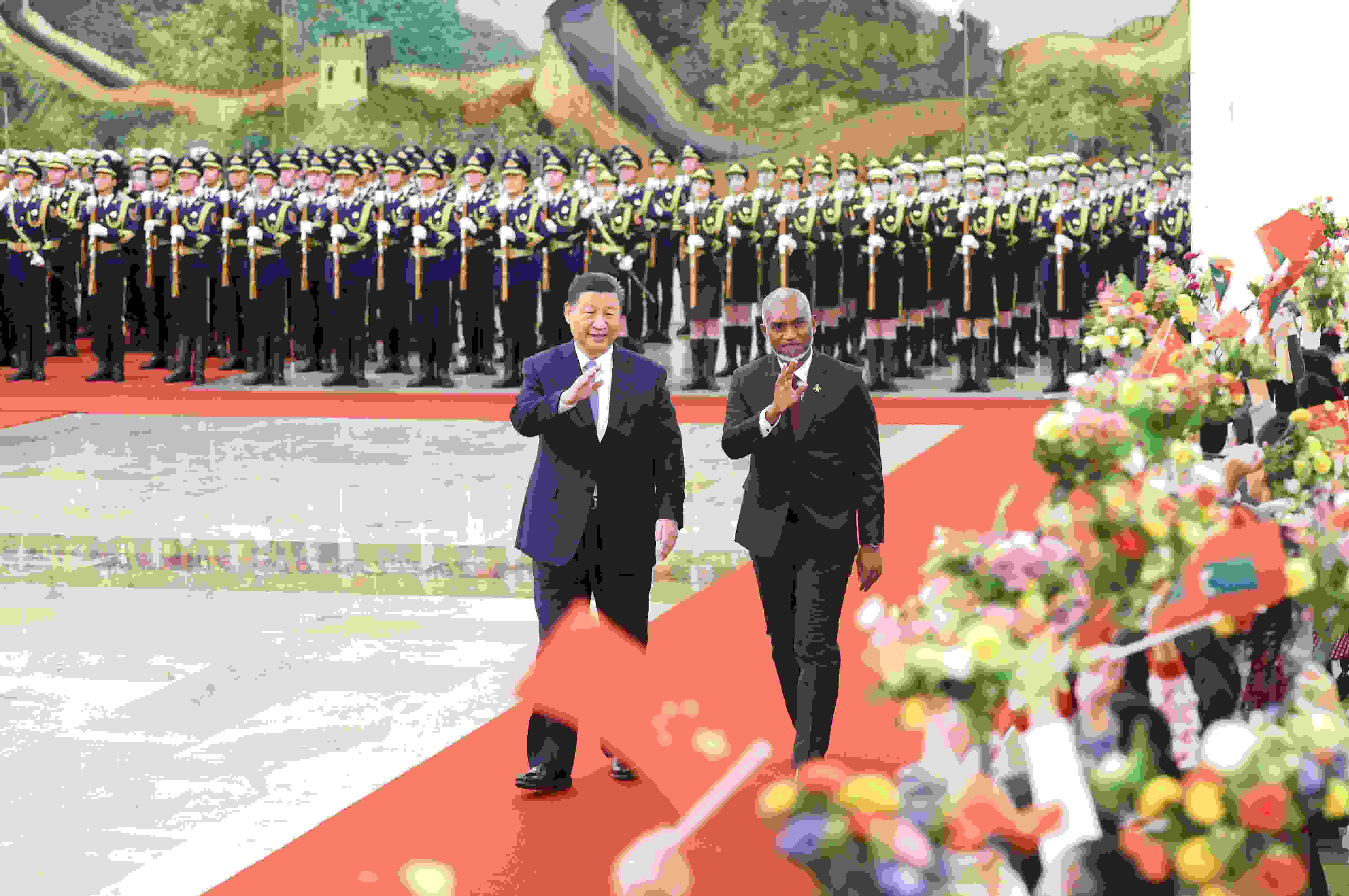 △2024年1月10日下午，國家主席習(xí)近平在北京人民大會(huì)堂同來華進(jìn)行國事訪問的馬爾代夫總統(tǒng)穆伊茲舉行會(huì)談。會(huì)談前，習(xí)近平主席在人民大會(huì)堂北大廳為穆伊茲總統(tǒng)舉行歡迎儀式。