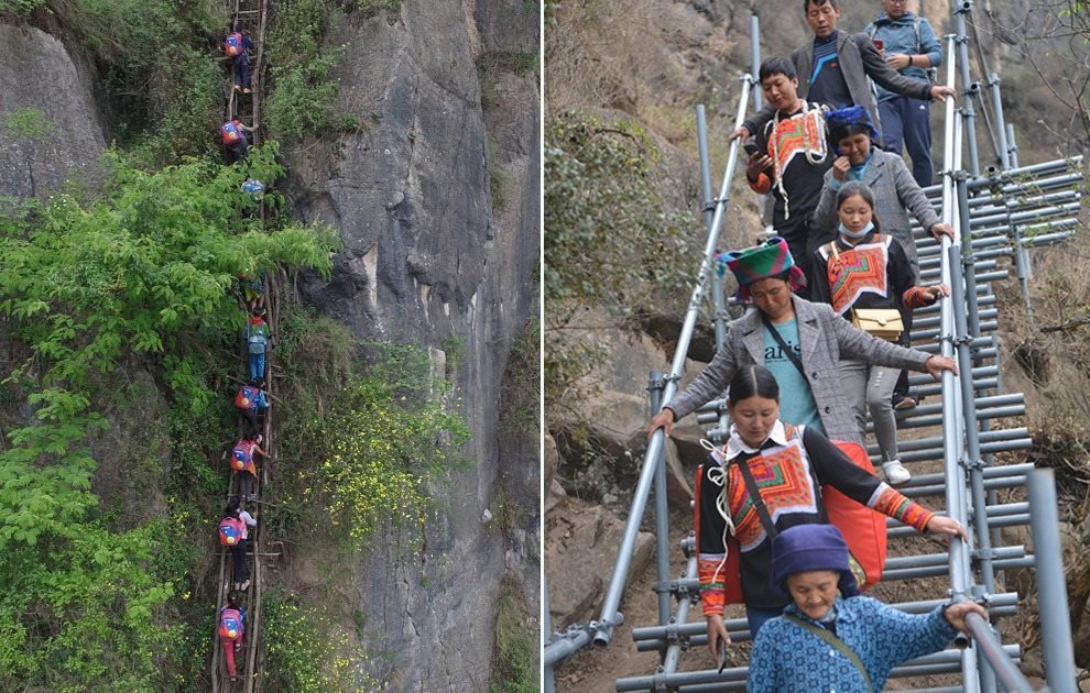 “懸崖村”今昔對比：左圖為2016年5月14日，“懸崖村”的孩子們攀爬木梯回家。右圖為2020年5月13日，“懸崖村”村民帶著行李通過鋼梯下山，搬遷至易地扶貧集中安置點(diǎn)的新家。
