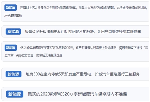 “人民投訴”用戶吐槽新能源汽車功能障礙多發(fā)、升級(jí)后配套服務(wù)跟不上、虛假優(yōu)惠、保修期內(nèi)不維保的問(wèn)題。（“人民投訴”平臺(tái)截圖）