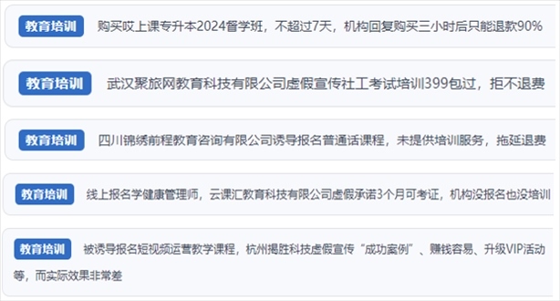 “人民投訴”用戶舉報(bào)機(jī)構(gòu)虛假宣傳包過(guò)包拿證、虛假承諾收益效果、課程服務(wù)貨不對(duì)板、退款難等在線教培亂象。（“人民投訴”平臺(tái)截圖）