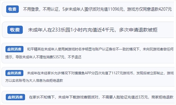 “人民投訴”用戶舉報(bào)身份認(rèn)證成擺設(shè)、大額充值無(wú)提醒、提供證據(jù)被駁回、商家設(shè)置退款障礙等未成年人網(wǎng)游消費(fèi)亂象。（“人民投訴”平臺(tái)截圖）