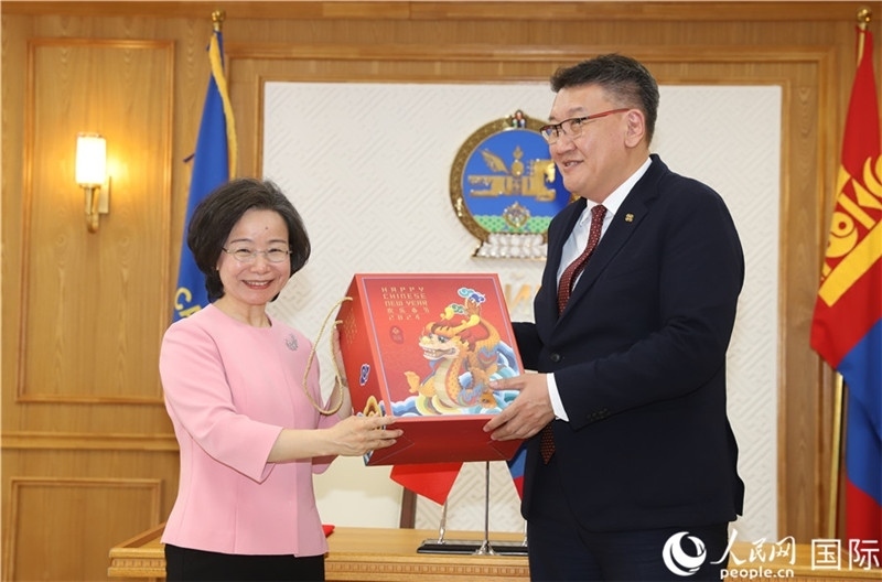 沈大使向扎布赫楞部長贈送吉祥龍。人民網記者 霍文攝