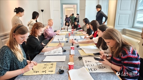 瑞典書法愛好者專心學習書法。人民網記者 殷淼攝