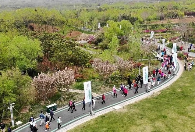 4月27日，登山愛(ài)好者在浮山森林公園參加登山健身活動(dòng)（無(wú)人機(jī)照片）。新華社記者 李紫恒攝