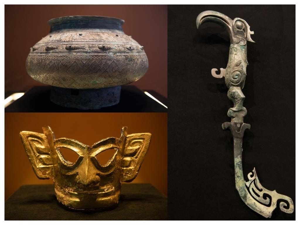 拼版照片：左上圖為青銅瓿，左下圖為黃金面具，右圖為青銅樹(shù)枝。新華社記者唐文豪 攝