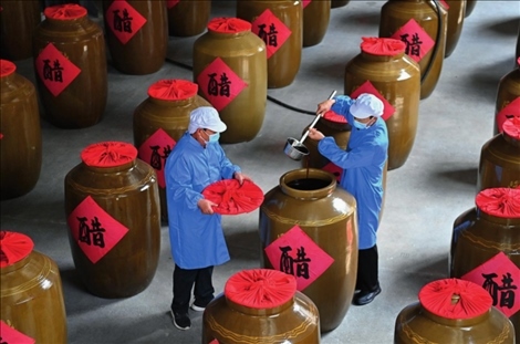 工作人員在山西省長治市平順縣龍溪鎮(zhèn)龍鎮(zhèn)村農旅產業(yè)融合發(fā)展示范園內查看醋的成色（2024 年 5 月 10 日攝）楊晨光攝 / 本刊