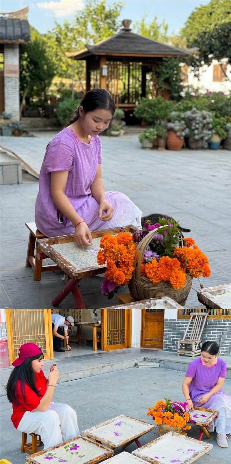 沒(méi)有女生不愛(ài)花。以古法造紙技藝為基礎(chǔ)，再輔以花草枝葉勾勒各式圖案，創(chuàng)作出花茂村獨(dú)具特色的紙漿壓花畫(huà)，少女手中的花是她眼中的風(fēng)景，而她與正在制作的紙漿壓花畫(huà)也是別人眼中的風(fēng)景。（哈薩克斯坦BAQ通訊社高級(jí)記者古爾詹·拉曼庫(kù)洛娃、張亞欣攝）
