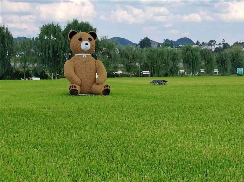 稻穗搖曳，垂柳依依，山嵐多姿，好一幅歲月靜好山鄉(xiāng)恬靜圖。這憨厚俏皮的熊玩偶造型，像是亂入其中，形成現(xiàn)代與傳統(tǒng)、好動(dòng)與寧?kù)o的反差感，讓人過(guò)目不忘，也讓人莞爾一笑。（哈薩克斯坦鳳凰24新聞社總編輯兼首席執(zhí)行官克馬爾·馬山羅攝）