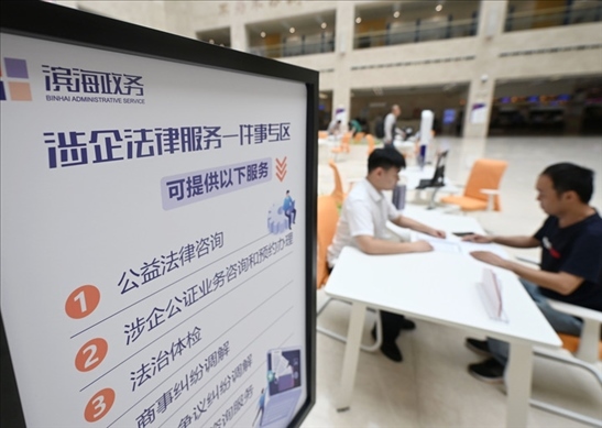 在天津濱海新區(qū)政務(wù)服務(wù)中心，工作人員在“涉企法律服務(wù)一件事”專區(qū)為市民提供服務(wù)（2024年7月31日攝）。新華社記者 趙子碩 攝