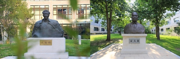 △左圖為中央黨校（國家行政學院）校園內的焦裕祿雕塑，右圖為校園內的谷文昌雕塑。