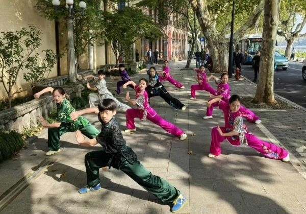 杭州市陳經(jīng)綸體校武術(shù)隊(duì)學(xué)生們展示中華武術(shù)。 人民網(wǎng)記者 楊磊攝