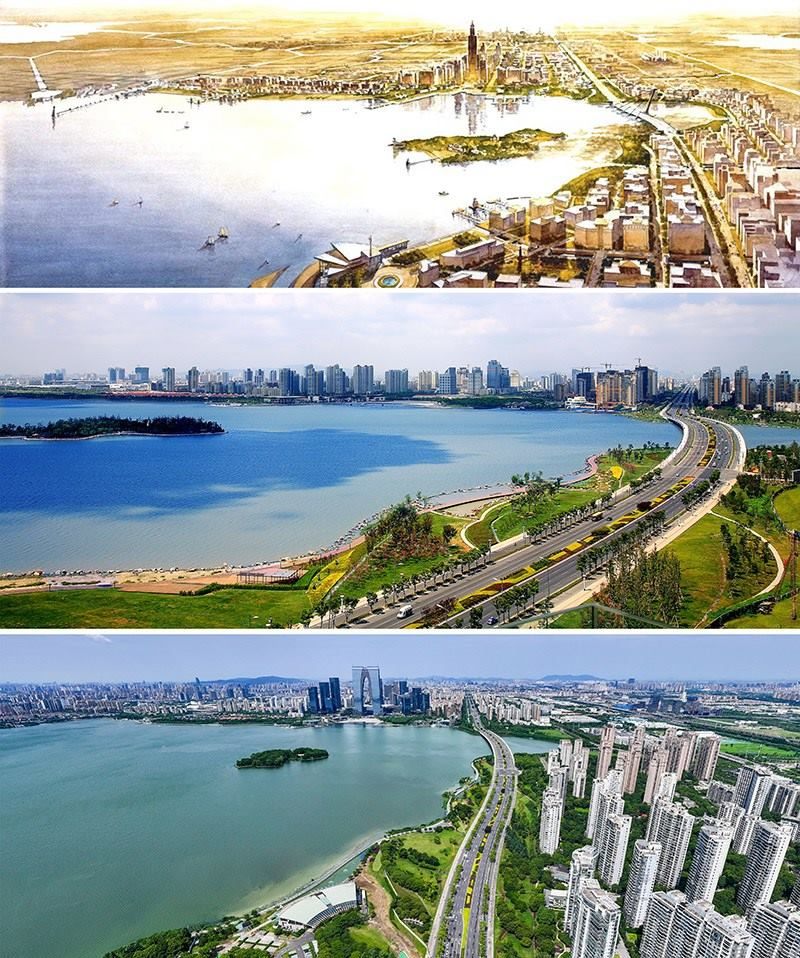 拼版照片：上圖為1994年繪制的蘇州工業(yè)園區(qū)手繪規(guī)劃圖；中圖為2007年拍攝的蘇州工業(yè)園區(qū)；下圖為2023年7月4日用無人機(jī)拍攝的蘇州工業(yè)園區(qū)。