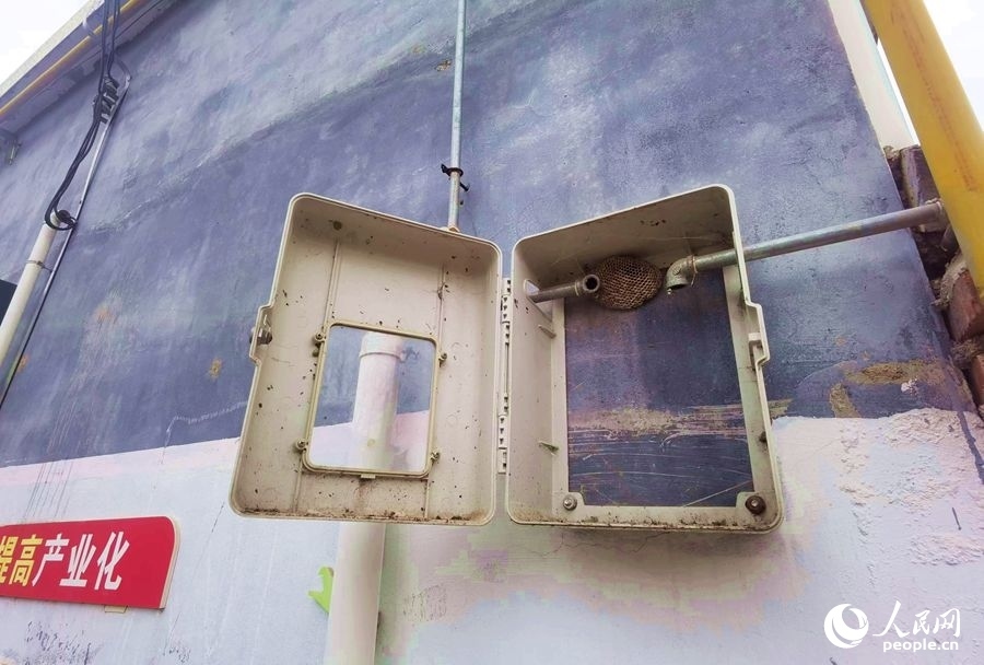 在玉山村的一處未安裝燃氣表的表箱內(nèi)，掛著一個馬蜂窩。人民網(wǎng)記者 慎志遠攝