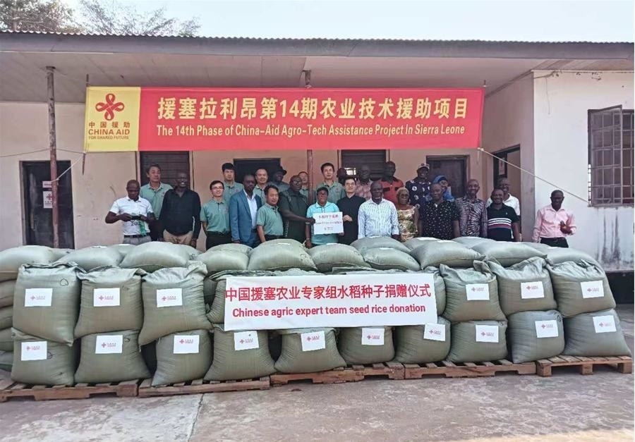 中國援塞拉利昂農(nóng)業(yè)專家組在塞南方省博城舉辦水稻種子捐贈儀式。中國援塞農(nóng)業(yè)專家組供圖