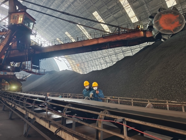 趙善國(guó)（右）和同事對(duì)電廠煤場(chǎng)進(jìn)行巡檢。受訪者供圖