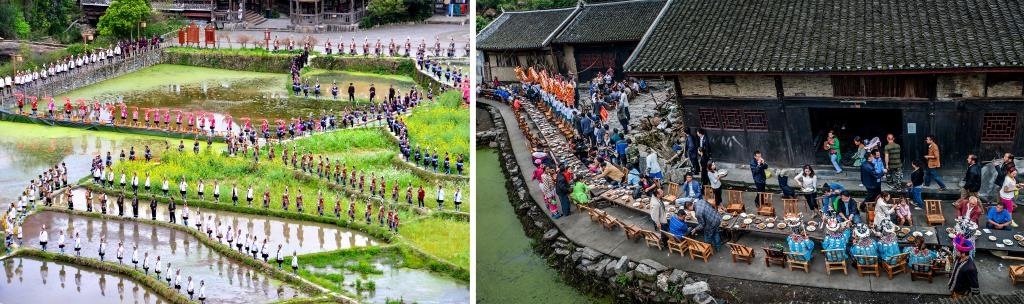 左圖：近期，人們?cè)诶杵娇h肇興侗寨的田園里演唱侗族大歌（黎平縣委宣傳部供圖）；右圖：這是2023年拍攝的十八洞村長桌宴（湘西州委宣傳部供圖）。