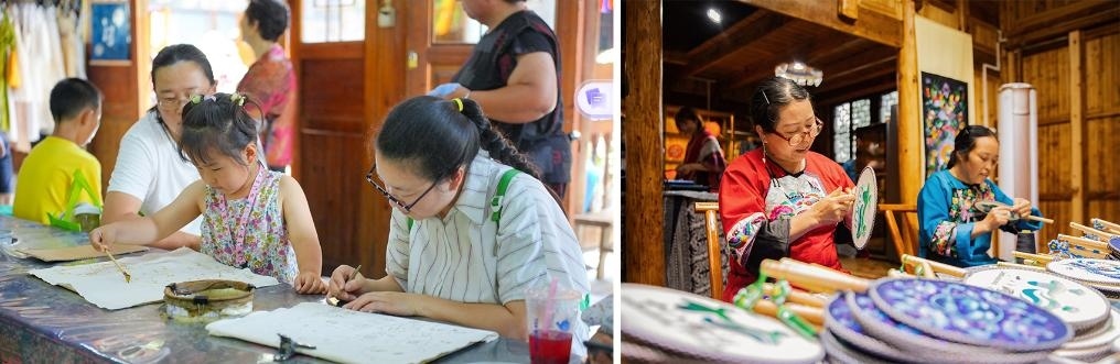 左圖：近期，游客在黎平縣肇興侗寨體驗(yàn)非遺蠟染藝術(shù)（黎平縣委宣傳部供圖）；右圖：這是2024年拍攝的繡娘在十八洞村梨子寨苗繡鄉(xiāng)村振興示范基地制作苗繡產(chǎn)品（湘西州委宣傳部供圖）。