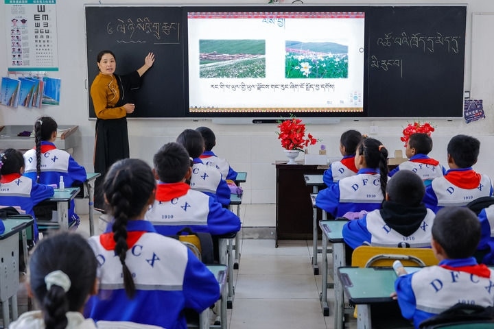2024年9月27日，在四川省甘孜藏族自治州道孚縣城關(guān)第一完全小學(xué)，采取“藏加模式”教學(xué)的五年級一班的藏語文課上，準(zhǔn)木周老師指導(dǎo)藏族學(xué)生以家鄉(xiāng)草原風(fēng)物為主題寫作藏語文作文。新華社記者 沈伯韓 攝