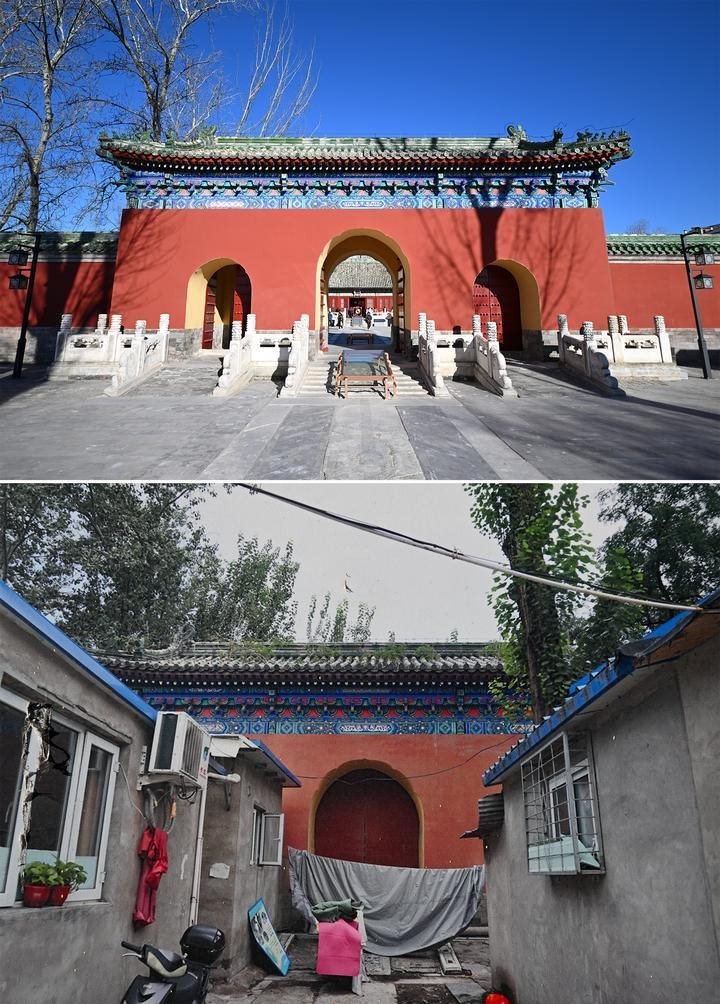 位于先農(nóng)壇內(nèi)的慶成宮，曾長時間被雜亂的民居占據(jù)。在北京中軸線申遺保護工作的帶動下，北京完成了慶成宮區(qū)域文物征收騰退、非文物建筑拆除、彩畫保護、本體修繕、展覽布陳等，讓560多年歷史的古建群重新回歸。2024年12月，北京中軸線上先農(nóng)壇內(nèi)的慶成宮首次面向社會公眾開放。上圖為騰退修繕后的慶成宮內(nèi)宮門（資料照片）；下圖為翻拍的慶成宮內(nèi)宮門騰退修繕前的資料照片（2024年12月21日攝）。